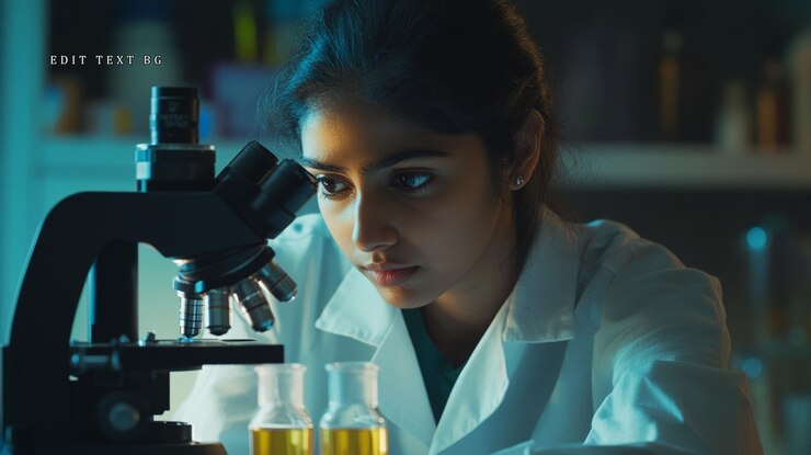 PSD científica enfocada usando un microscopio en un laboratorio