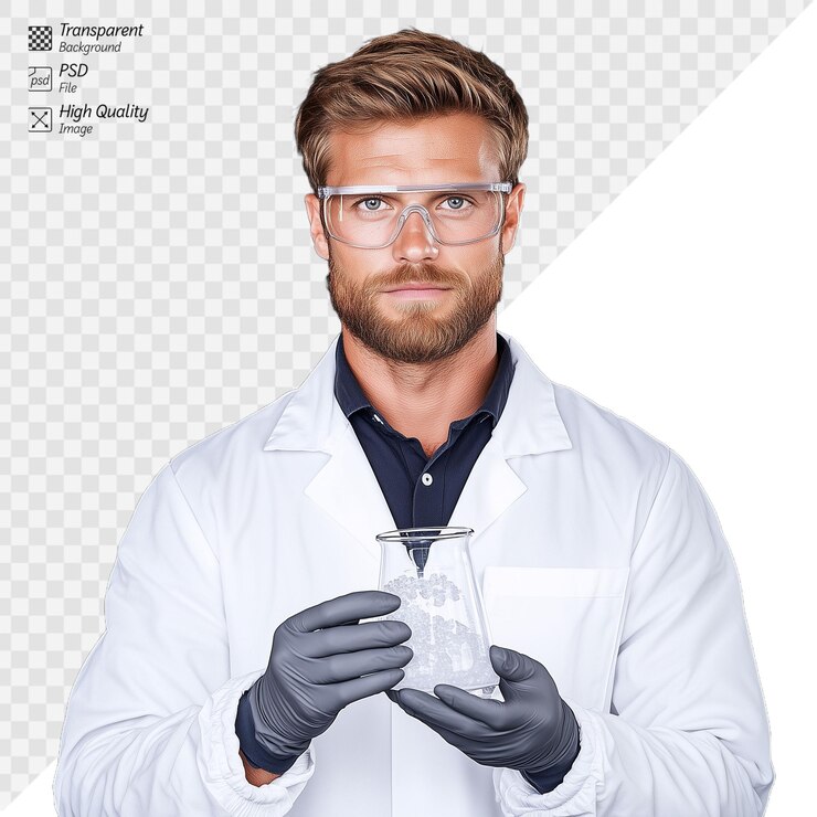PSD científico con barba y gafas con bata de laboratorio y guantes sosteniendo tubos de ensayo en un fondo transparente