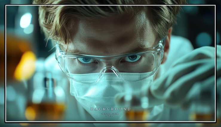 PSD un científico con una bata de laboratorio y gafas de seguridad mira atentamente a un