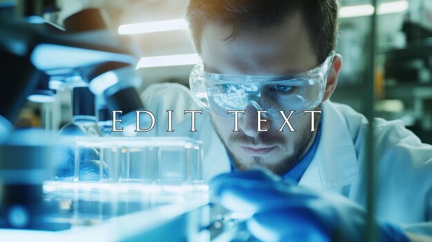 Científico en bata de laboratorio usando el microscopio examinando muestras