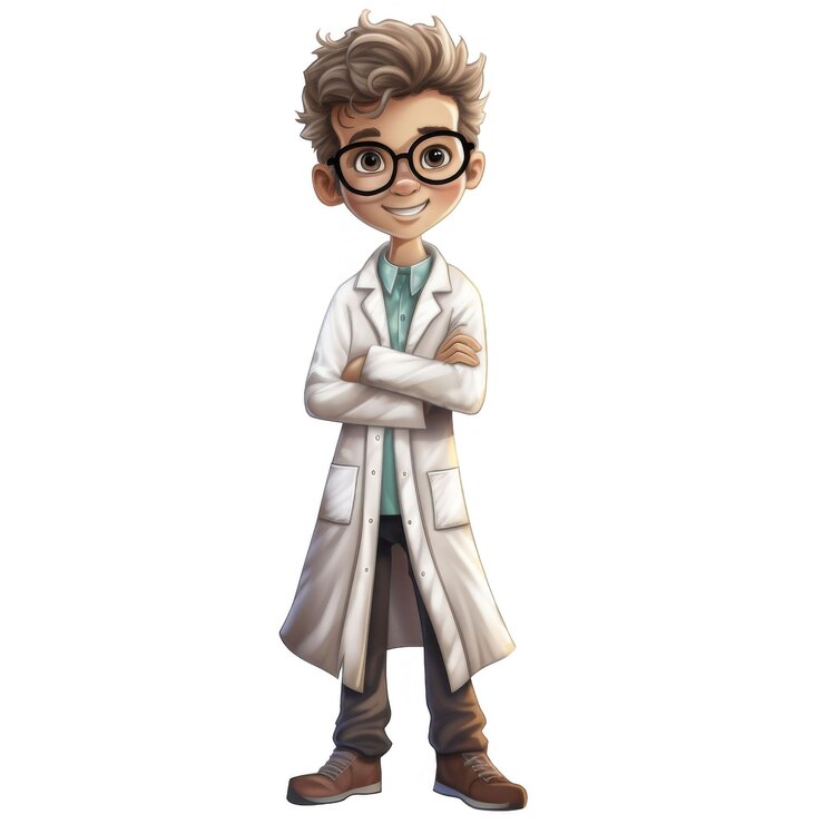 PSD científico de dibujos animados con los brazos cruzados con una bata de laboratorio blanca y gafas