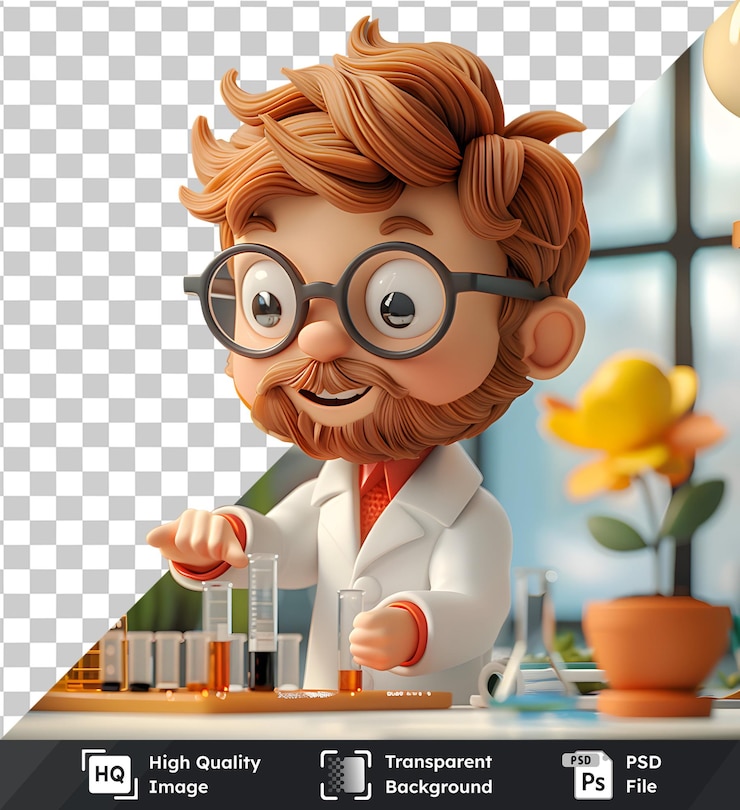 PSD científico de dibujos animados haciendo un experimento en un psd transparente