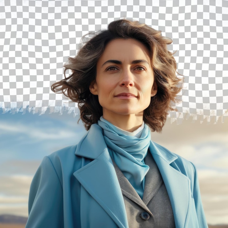 PSD el científico eslavo culpable de cabello ondulado de mediana edad posando con estilo en azul cielo pastel