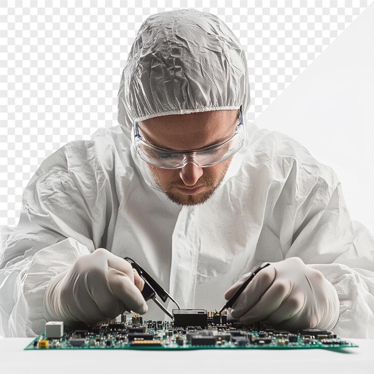 PSD un científico está trabajando en una computadora con una máscara de plástico en