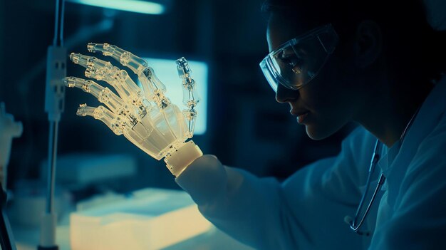 Un científico examina una mano protésica robótica translúcida en un laboratorio