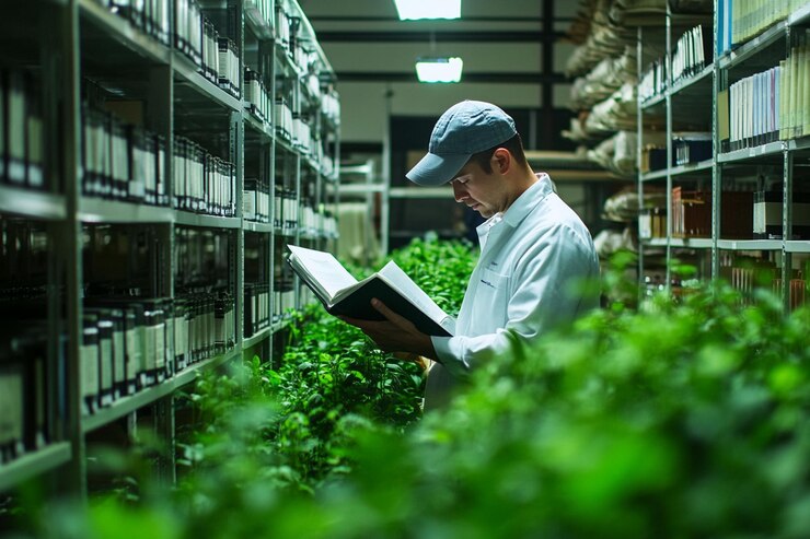 PSD científico examinando un libro en medio de una exuberante vegetación y estantes de muestras en un laboratorio