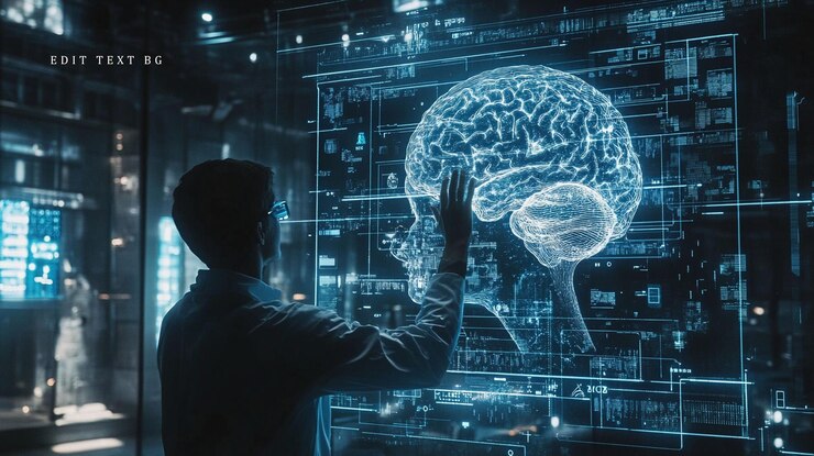 PSD un científico interactúa con un modelo holográfico de cerebro en una gran pantalla interactiva en un laboratorio futurista