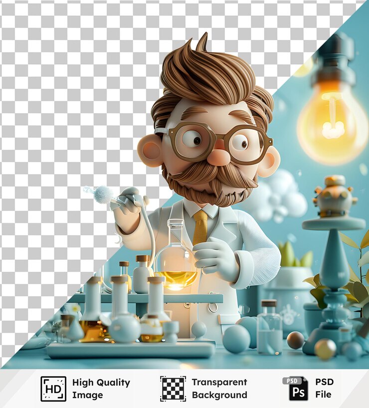 PSD científico lleva a cabo un experimento con una imagen transparente de una escena de laboratorio