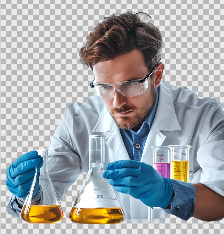 PSD científico masculino analizando un frasco cónico que consta de una solución química sobre un fondo transparente