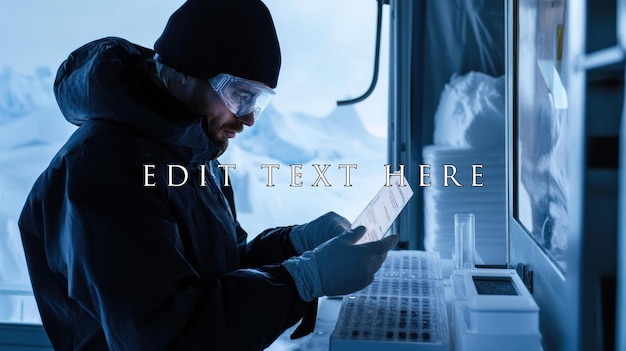 Científico revisando datos en una estación de investigación de clima frío
