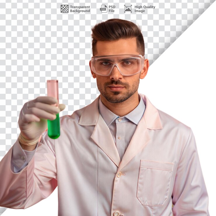PSD científico sosteniendo un tubo de ensayo con líquido verde en el laboratorio