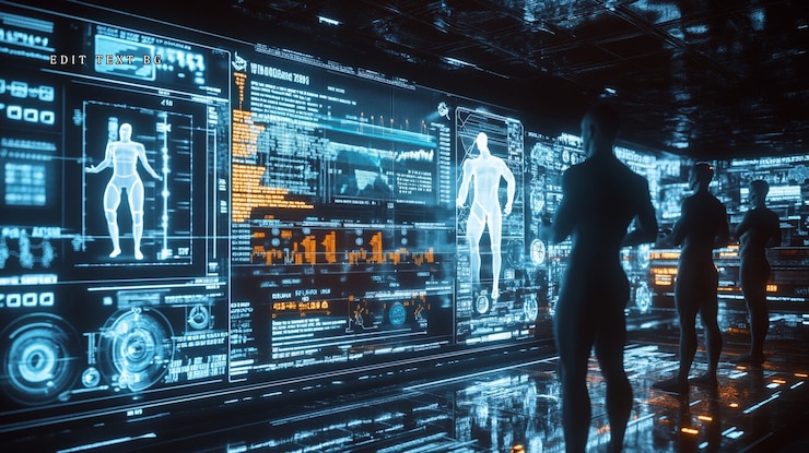 PSD científicos futuristas analizan datos holográficos del cuerpo humano en pantallas grandes en una habitación oscura