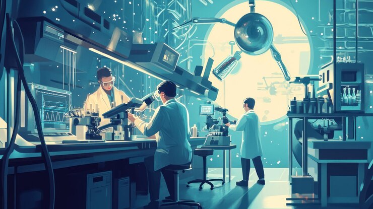 PSD científicos en un laboratorio futurista examinando muestras con una gran ventana espacial