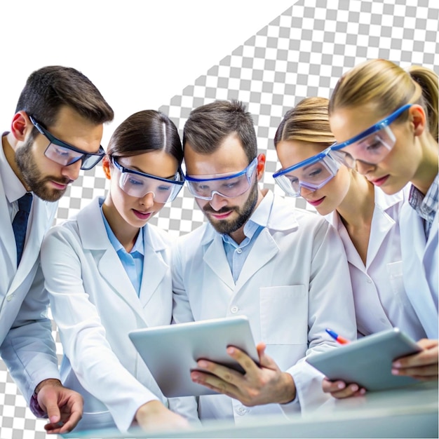 Científicos sonrientes mirando los brazos de la cámara cruzados en el laboratorio