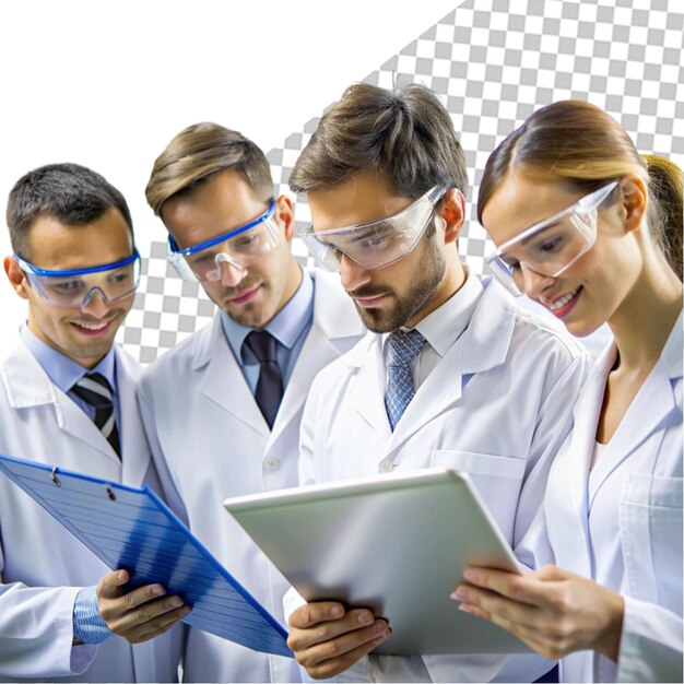 Científicos sonrientes mirando a la cámara con los brazos cruzados en el laboratorio