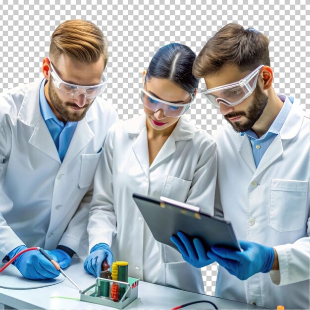 Científicos sonrientes mirando los informes