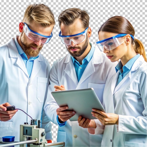 Científicos sonrientes mirando los informes