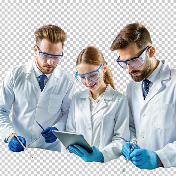 PSD científicos sonrientes mirando los informes