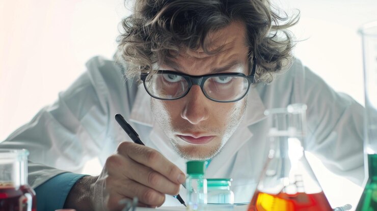 PSD cientista concentrado escrevendo notas intensamente em um laboratório cercado por copos de líquidos coloridos
