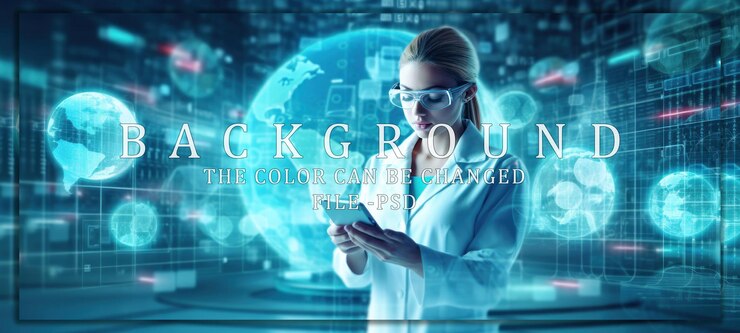 PSD cientista feminina trabalhando com tecnologia e dados globais