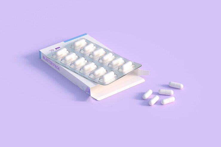 Cierre del blister del paquete con medicamentos redondos pastillas de un color Plantilla de maqueta Representación 3d