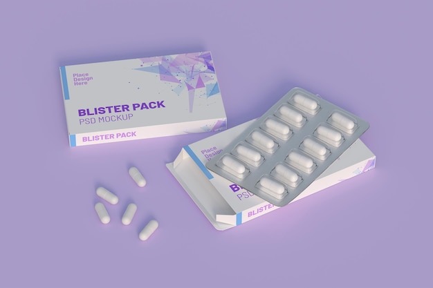 Cierre del blister del paquete con medicamentos redondos pastillas de un color Plantilla de maqueta Representación 3d