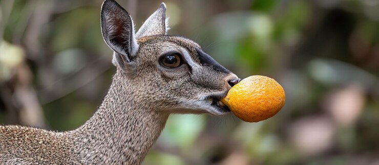 PSD un ciervo con una mandarina de cerca