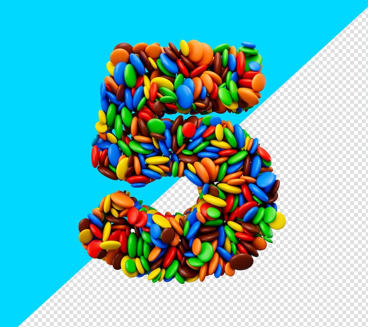 PSD cifra 5 di caramelle arcobaleno multicolore festive isolato su sfondo bianco cinque lettera