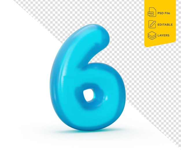 Cifra gelatina blu 6 sei su sfondo bianco Numero colorato gelatina per bambini illustrazione 3d