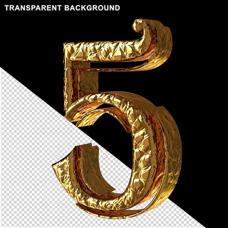 PSD cifre d'oro scanalate vista lato destro 3d numero 5