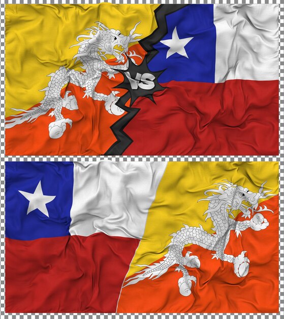 Cile contro il Bhutan Metà bandiera combinata Tessuto Bump Texture Rendering 3D