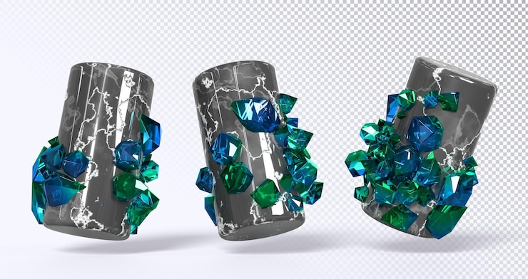 PSD cilindros de mármol negro con decoración de piedras preciosas azules verdes iconos de renderizado 3d conjunto pilares geométricos abstractos columnas de roca con cristales minerales objetos de arte de lujo aislados en la ilustración 3d de fondo