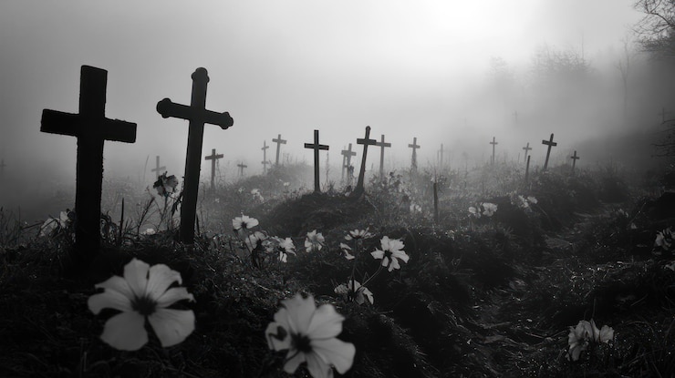 PSD cimitero nebbioso una scena monocromatica di croci e fiori