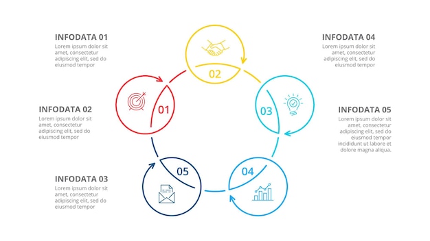 Cinco círculos com setas para uma infografia de linha fina Apresentação empresarial em 5 etapas