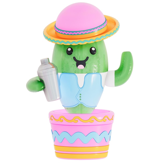 Cinco De Mayo Cute Cactus mit winzigem Mischschüttler 3D-Rendering
