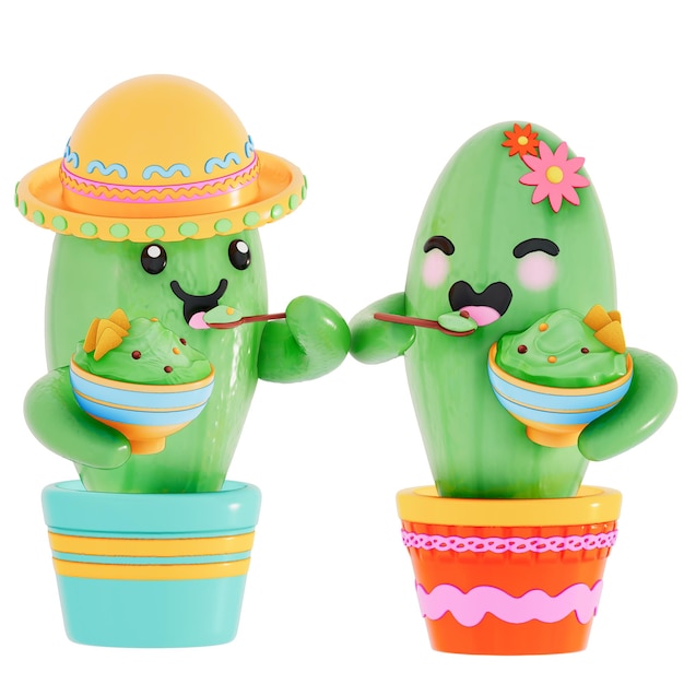 Cinco De Mayo ute Kaktus hält eine Schüssel Guacamole und Tortilla Chips 3D-Rendering
