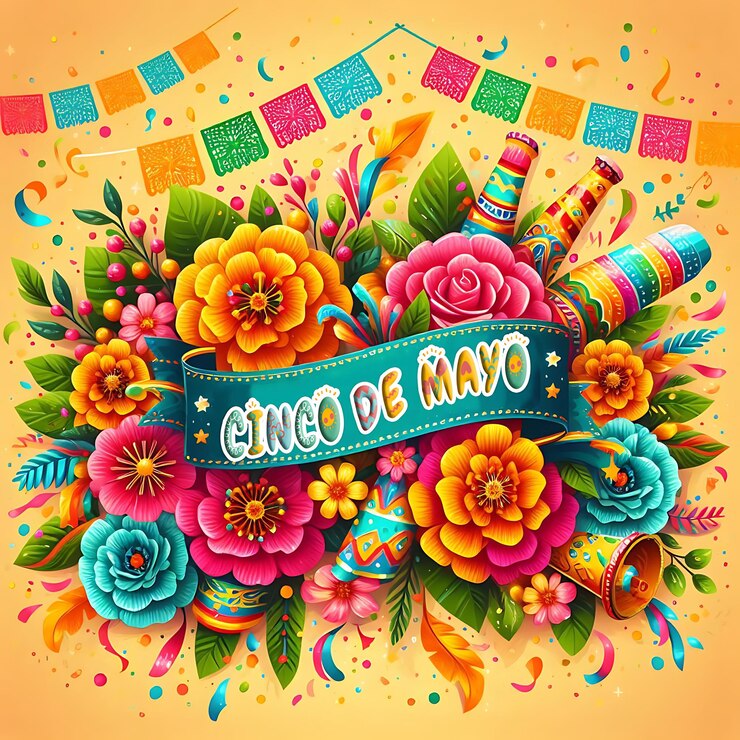 PSD cinco de mayo, una fiesta mexicana con letras con flores de colores