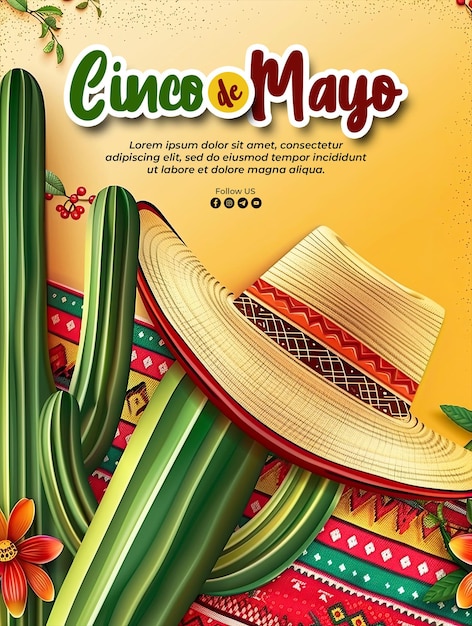 PSD cinco de mayo poster template with a cowboy hat and cactus background and a minimalist background