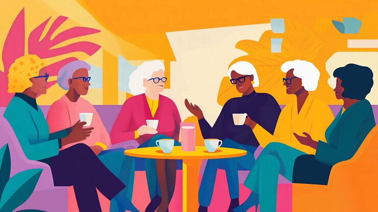 PSD cinco mujeres mayores disfrutando de la conversación y el café en una cafetería