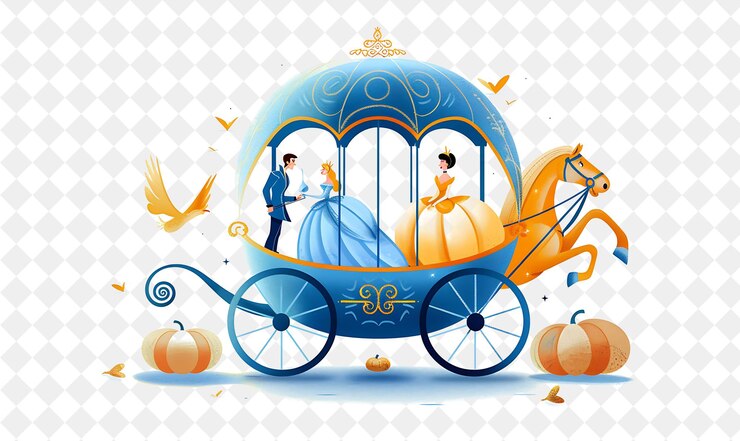 PSD cinderelas carroça com cinderela e príncipe encantado rid pessoas estilo de vida ilustração plana