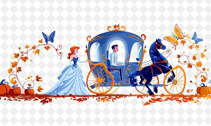 PSD cinderelas carroça com cinderela e príncipe encantado rid pessoas estilo de vida ilustração plana