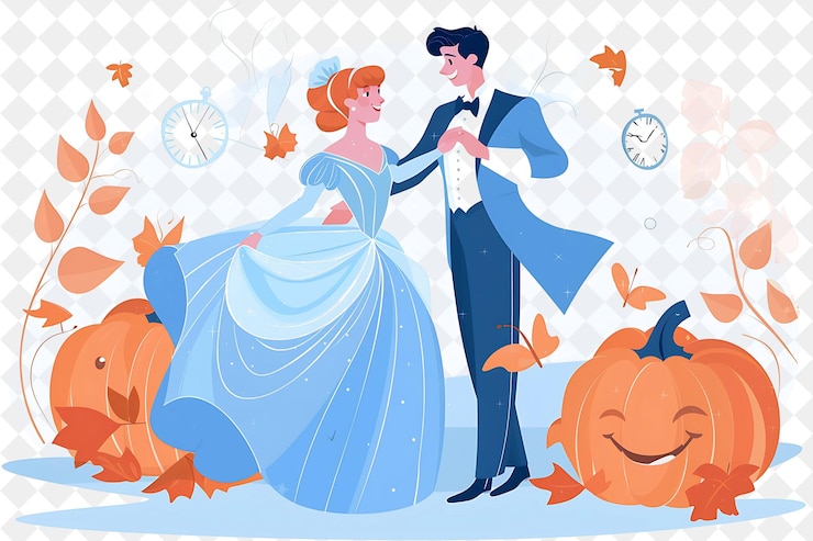 PSD cinderella ball com cinderela e príncipe encantador dançando pessoas estilo de vida ilustração plana