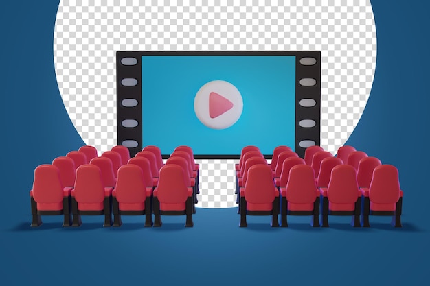 PSD cine con un botón de reproducción en el medio de la pantalla 3d render ilustración