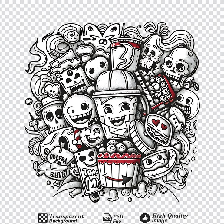 PSD cinema doodle desenho animado engraçado isolado em fundo transparente