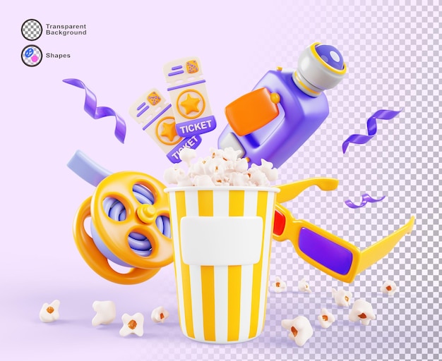 Cinema sfondo rosa con biglietti a secchio di popcorn occhiali 3D videocamera bobina di film e confetti volanti render icone elementi colorati del concetto di intrattenimento dell'industria cinematografica