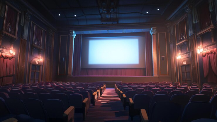 PSD cinema vintage vuoto con grande schermo e file di posti a sedere