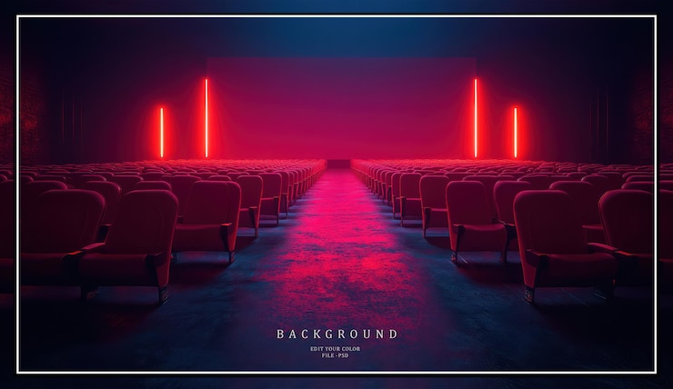PSD cinema vuoto con luci al neon rosse