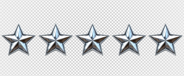 PSD cinq formes d'étoiles métalliques argentées isolées sur un fond transparent