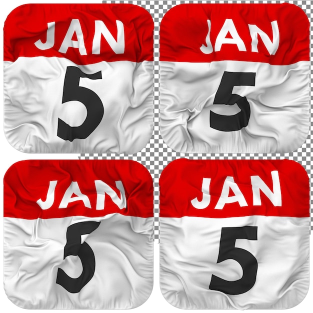 PSD cinq icône de calendrier de date du 5 janvier isolée quatre style d'onde texture de bosse rendu 3d