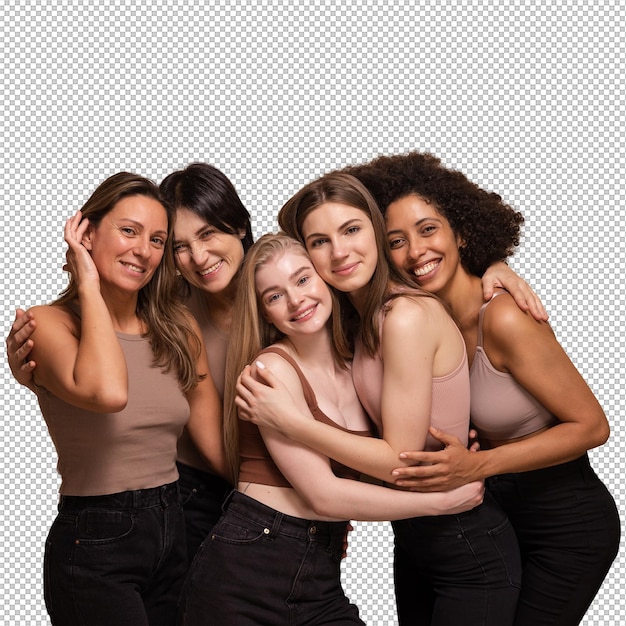 Cinq jolies femmes africaines et caucasiennes en hauts marron jeans noirs regardent la caméra sur fond beige